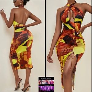 Women's Dress Halter Cut Out Ruched Split Dress